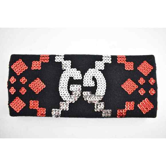Gucci Black Sequin Silver Red GG Logo Wool Stretchy Headband Hair Small 56cm - Picture 9 of 10